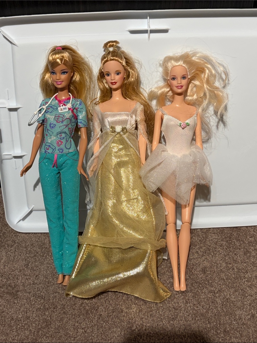 Barbie Dolls - Gold Gown, Teal Scrubs & Pink Ballet Outfit